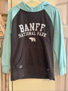 Banff National Park Hooded Pullover Sweatshirt - Charcoal Body with Aqua Sleeves